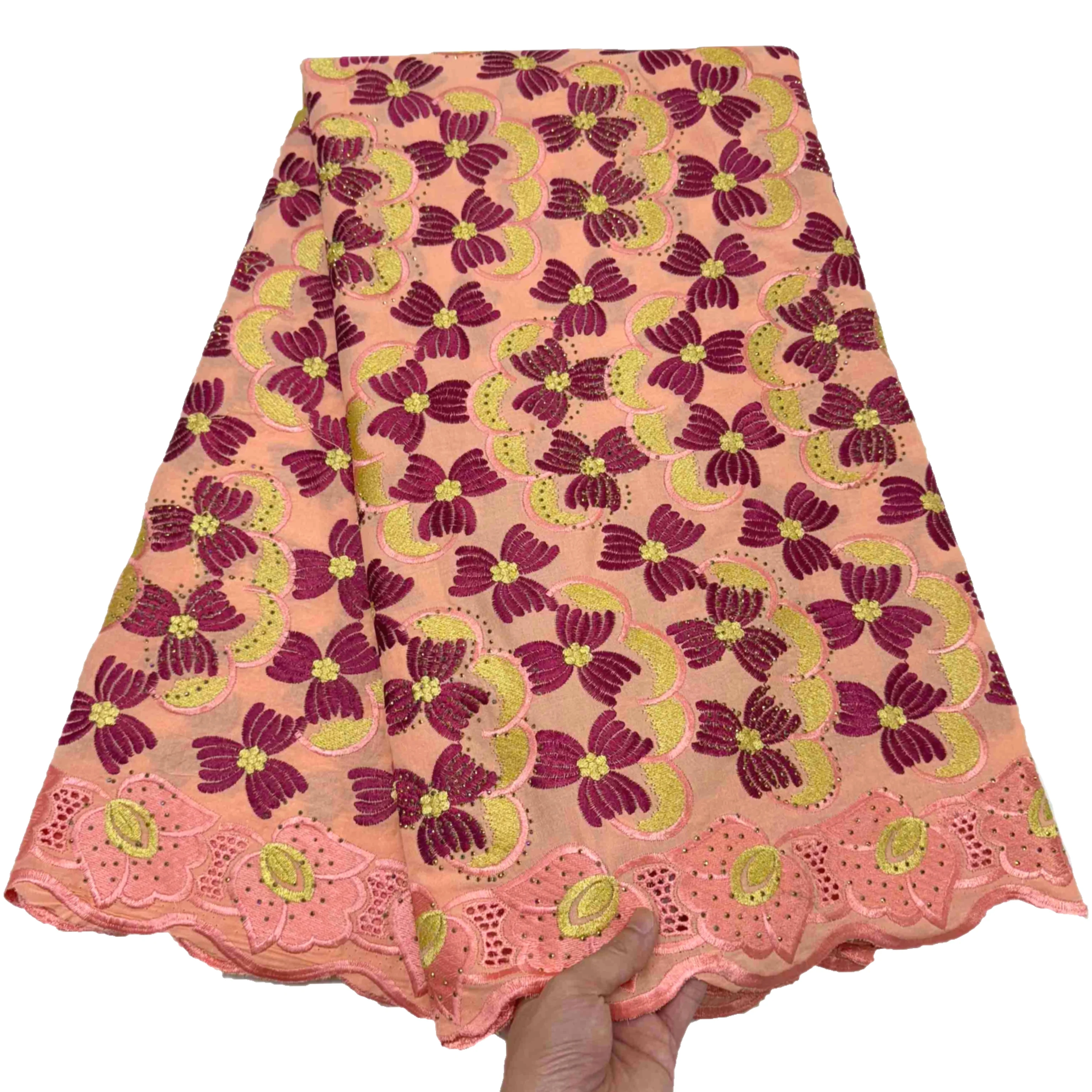 2024 Embroidery African 100% Cotton Laser Handcut Dry Lace Fabric With Stones 5 Yards High Quality Swiss Voile Lace