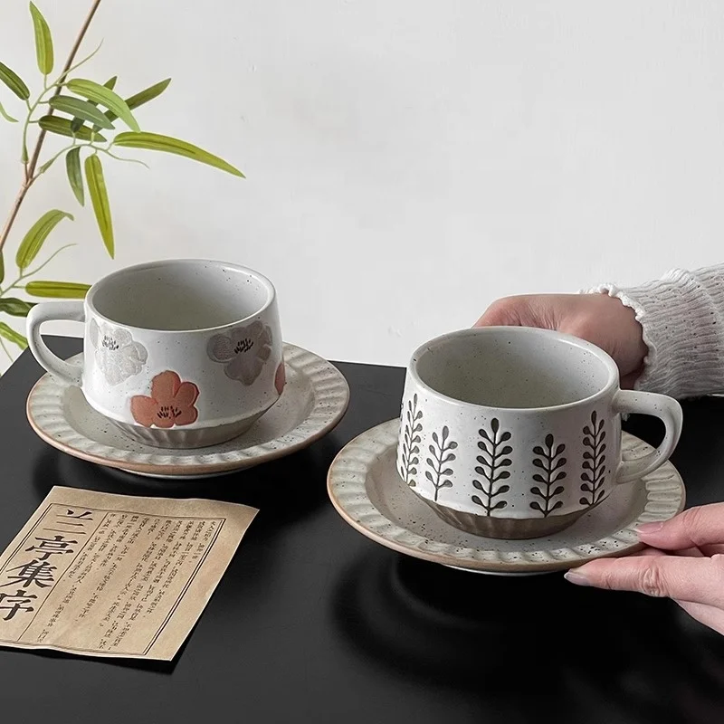 Vintage Painted Ceramic Mug Garden Style Flower Leaf Embossed Afternoon Tea Milk Cups Pottery Latte Cup For Cafe