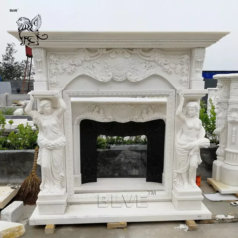 BLVE Modern Indoor Home Decor European Style Freestanding Fireplace Natural Stone Lions Large Marble Mantle Granite Material