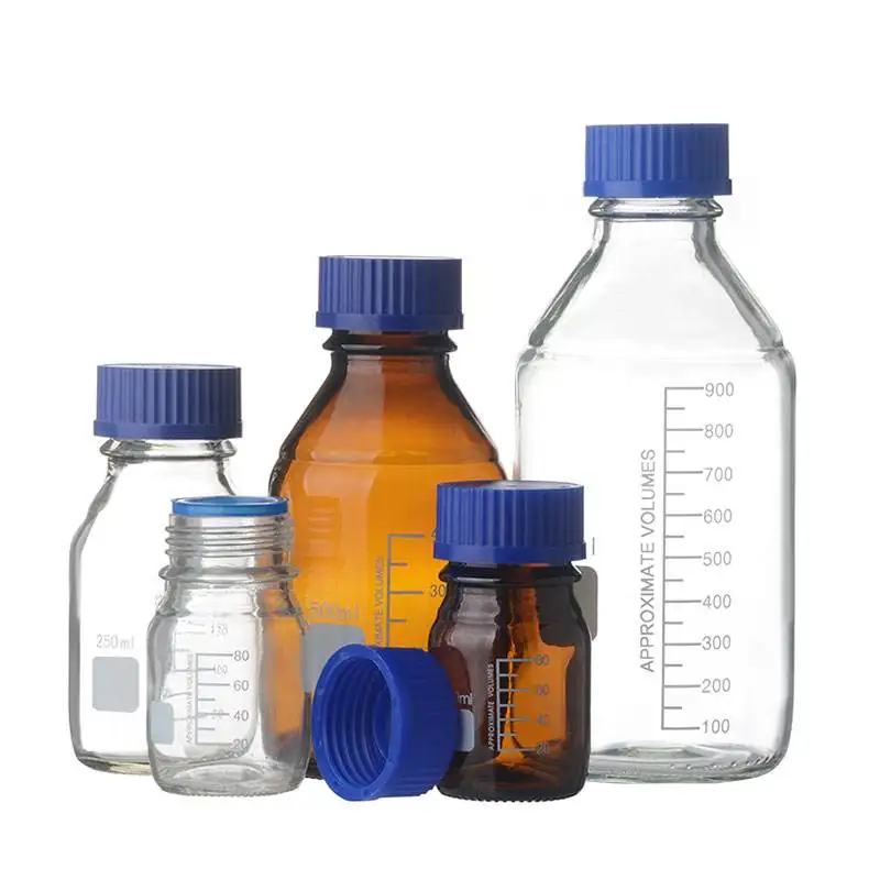 Factory Price Laboratory Round Bottom Blue Screw Cork Glass Media Storage Reagent Bottle