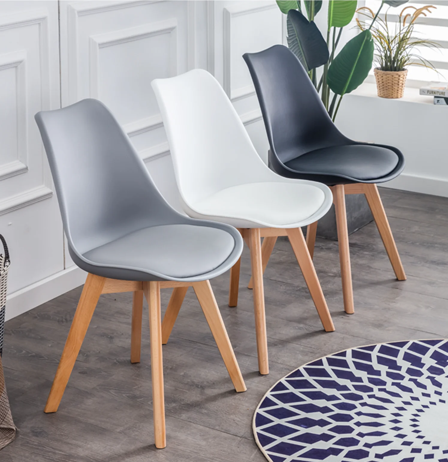 
Artiss Tulip Dining Chairs Set of 4 Plastic Leather Padded Seat Timber Legs Grey 