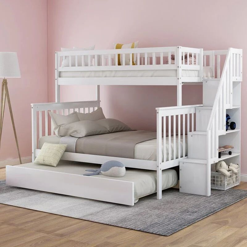 Modern Design Solid Wood Storage Children Three Bunk Bed Child Bed Triple Bunk Bed
