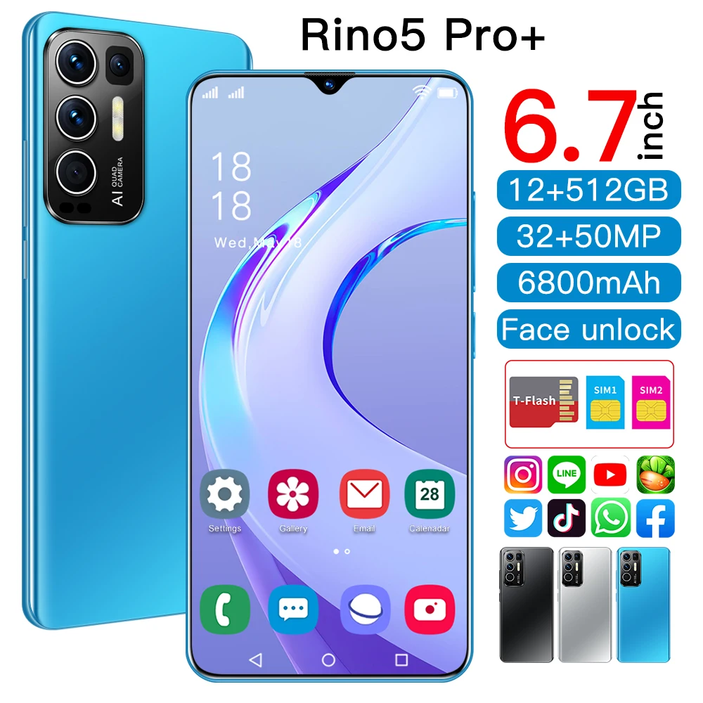 New Model Rino5 Pro Mobile Phones 6.7inch Full Display 12GB+512GB Large Memory Smartphones Android 4G 5G Cellphones