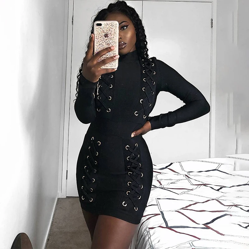 2022 new fashion long-sleeved dress sexy hollow bag hip skirt buckle metal buckle corn eye bandage dresses