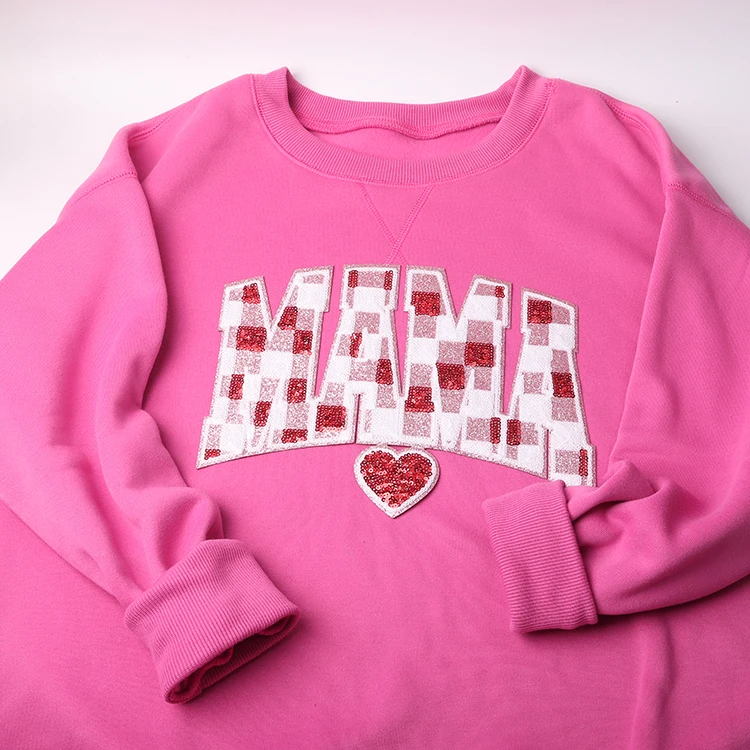 New arrival mama clothes patches embroidery iron on big size red pink glitter chenille sequin mama checkered patch for shirt