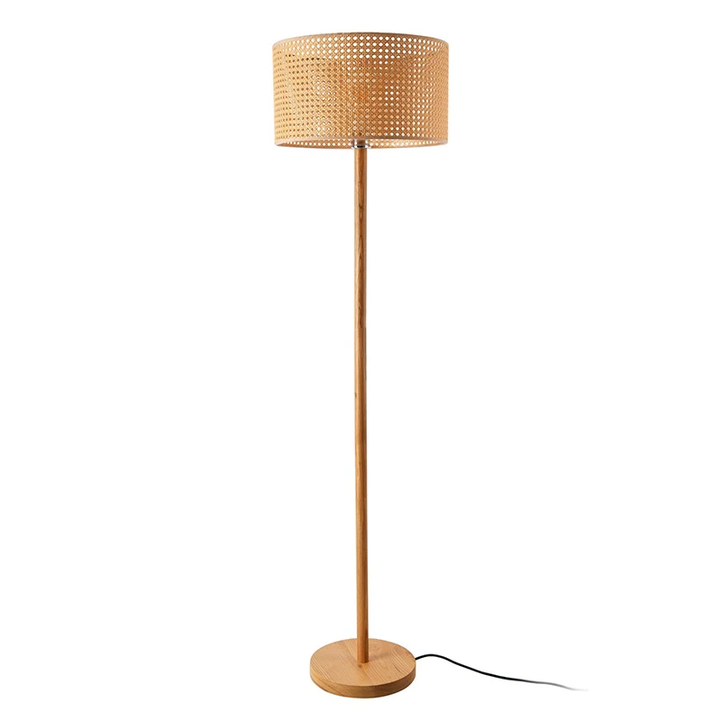 Hot Sell Simple New Designed Country Style Industrial E27 Wooden Base Floor Lamp With Handmade Rattan Lampshade For Living Room