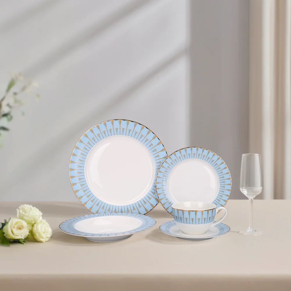 Embossed Golden Decal Fine Bone China Dinnerware Luxury Style Porcelain Plates Dinner Set