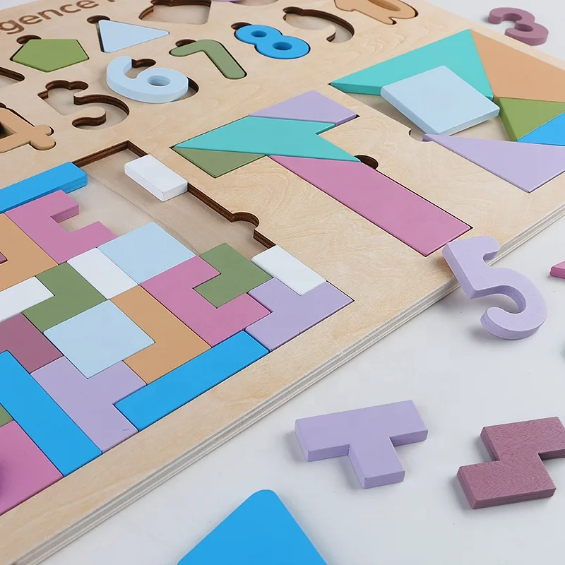 Number Counting Colors Stacking 5-in-1 Puzzle Board Digital Shape Recognition Board Colorful Wooden Tangram Blocks