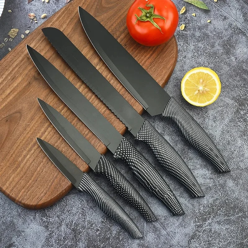 China Manufacturer Customize Acacia Handle black non stick coating Kitchen King Knife Set with dovetail mesh covers the handle