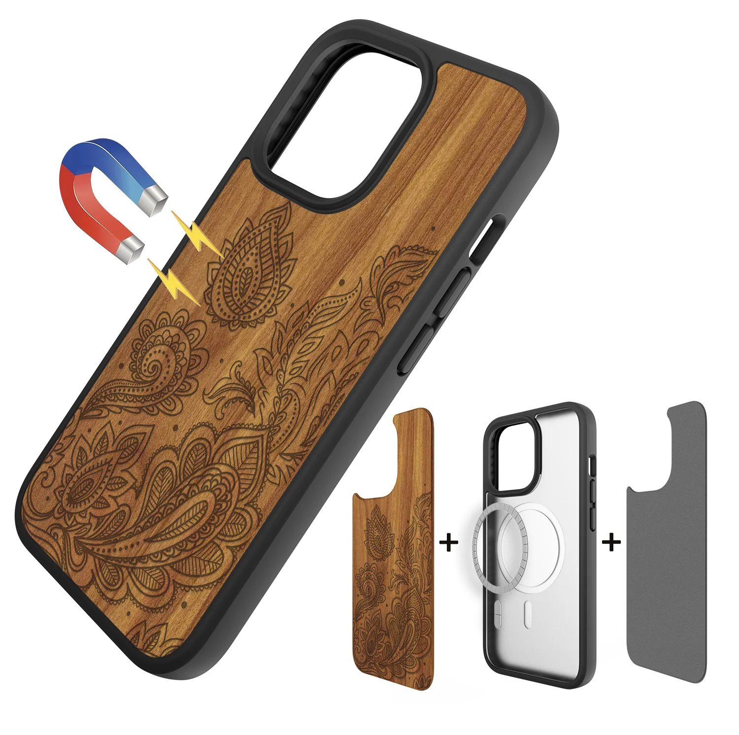 GRS BSCI Manufacture Leather Wood Customized blank Back Cover Magnetic Phone Case for iPhone 14 13 12 magsafe case