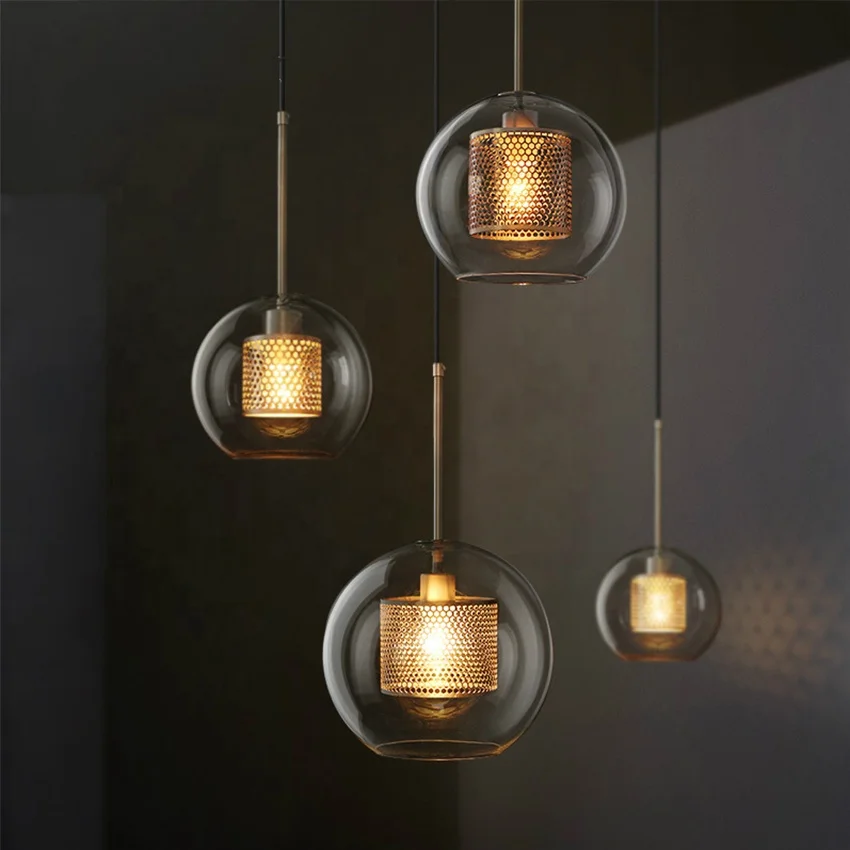 Hotel hand blown round glass metal chandelier sphere glass lampshades Pendant light