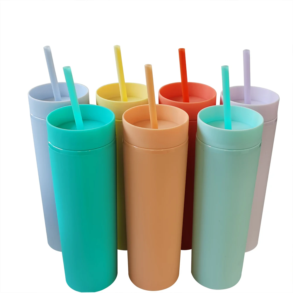 
wholesale plastic acrylic 16 oz double wall reusable matte pastel skinny tumblers lids and straws 