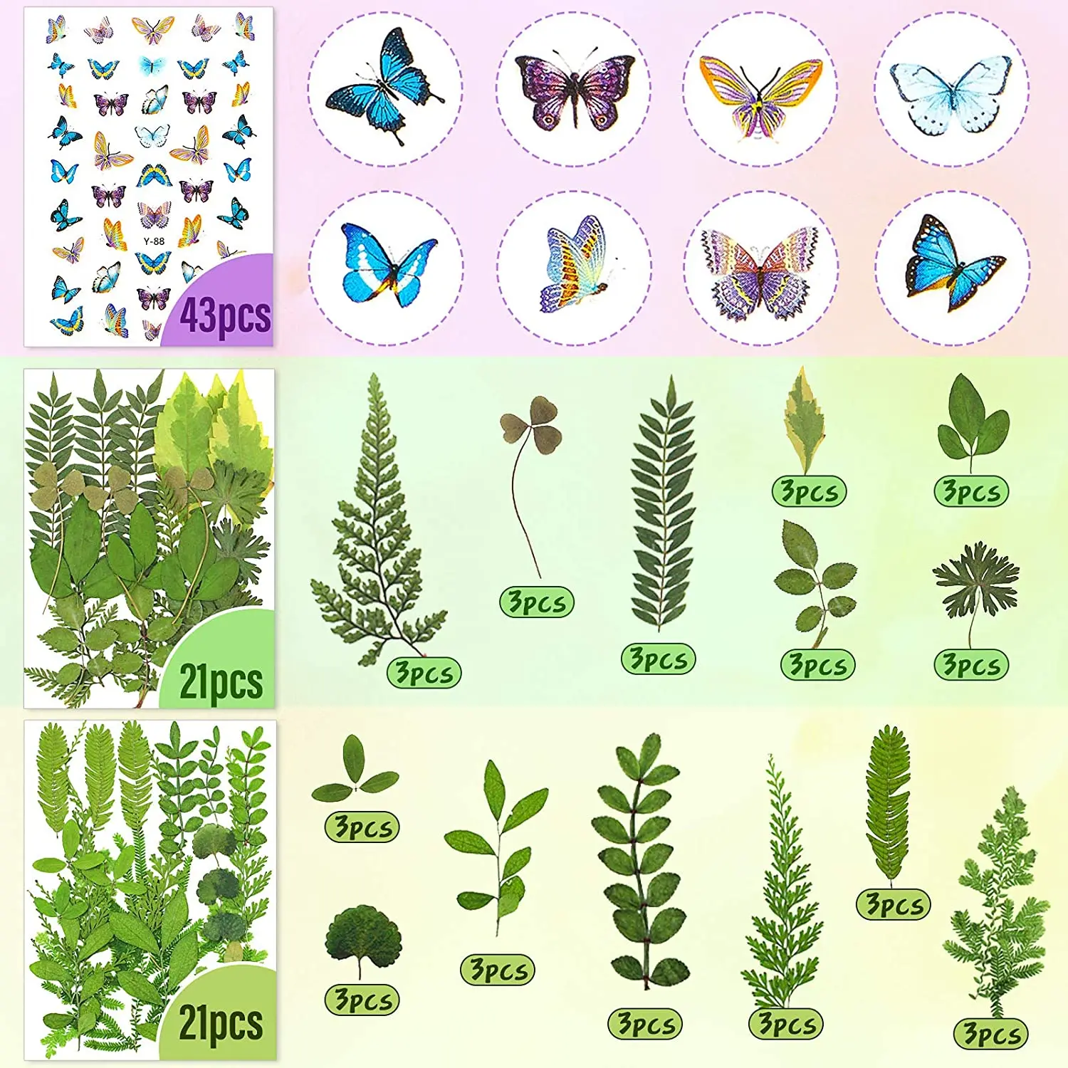 Real Dried Flowers Leaves and Butterfly Stickers Set Multiple Pressed Dry Flowers Colorful Natural Daisies Flowers