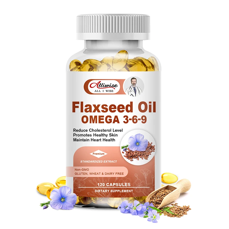 Alliwise OEM 120pcs Flaxseed Oil Softgel Capsules Omega 3 6 9 Fish Oil with Linolenic Acid Oleic Acid Dietary Supplement for Men Women