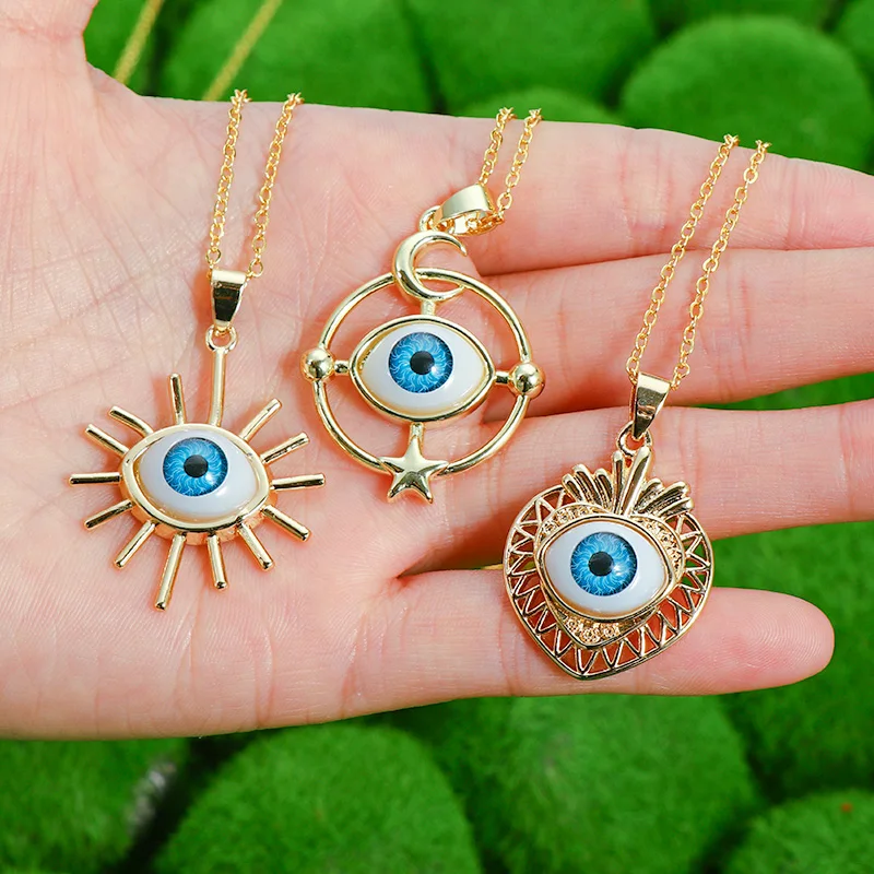 Multi Designs 18k Gold Plated Blue Turkish Eye Pendant Necklace Geometric Triangle Heart Evil Eyes Necklace