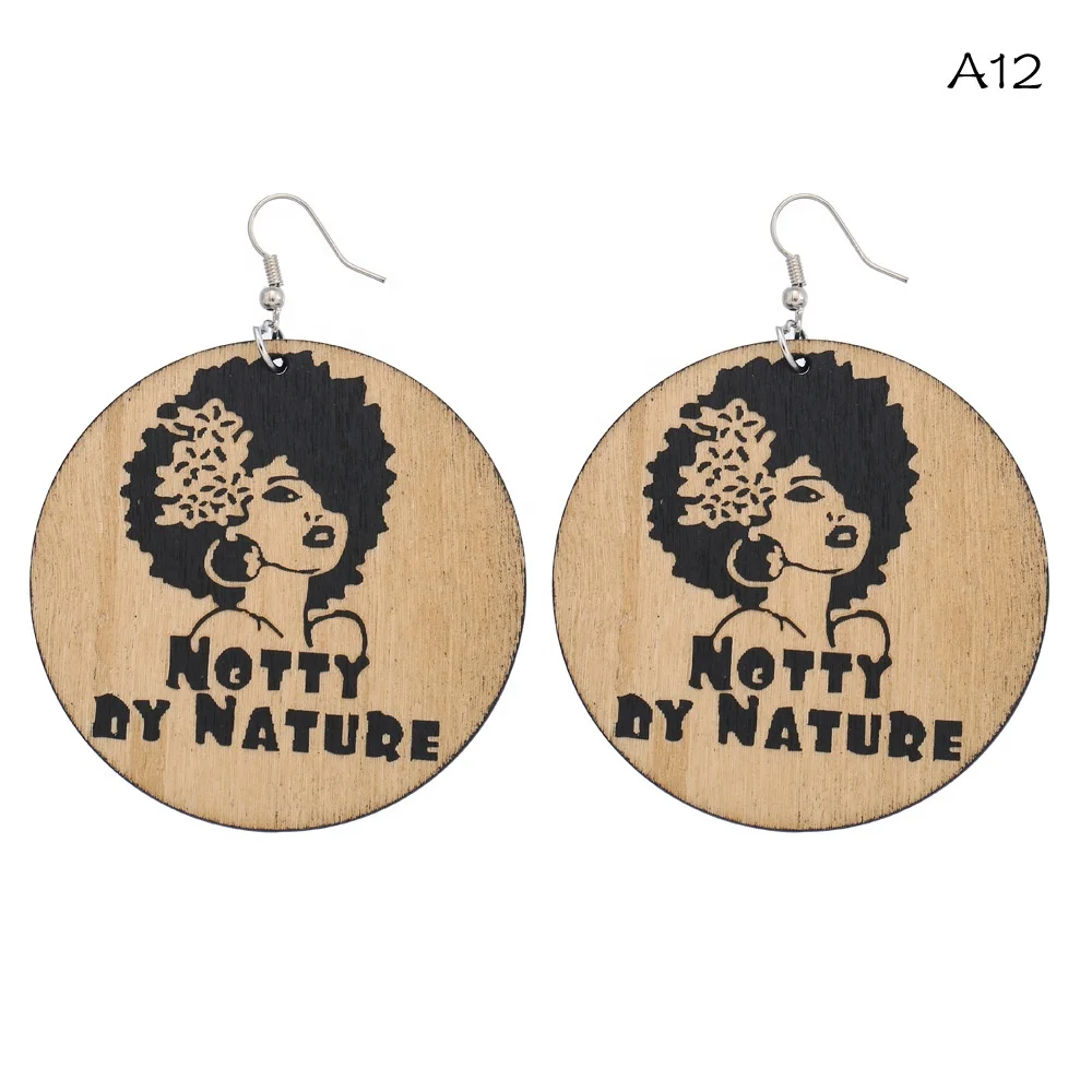 
New Arrival Wooden Drop Earring Round Black Wood Letter map Earrings For Women 