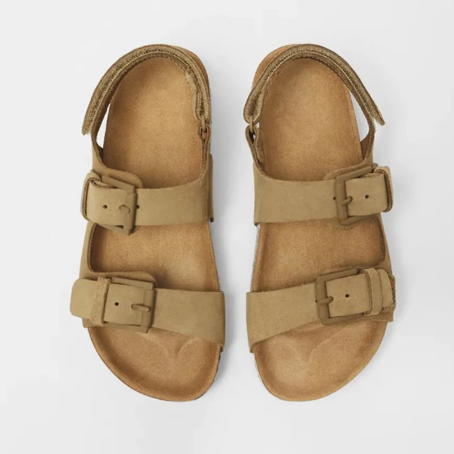 Shoes Manufacturer Custom Logo Boys Girls Little Kid Outdoor With Cork Footbed Flat PU Buckle Strap Sandal