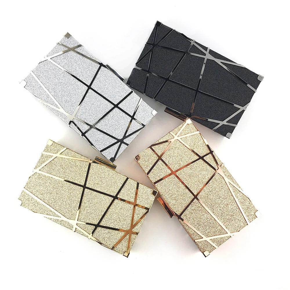 Amiqi HM31 Fashion Metal Frame Shiny Glitter Bag Geometric Box Wedding Bridal Party Messenger Bags Clutch Evening Purse