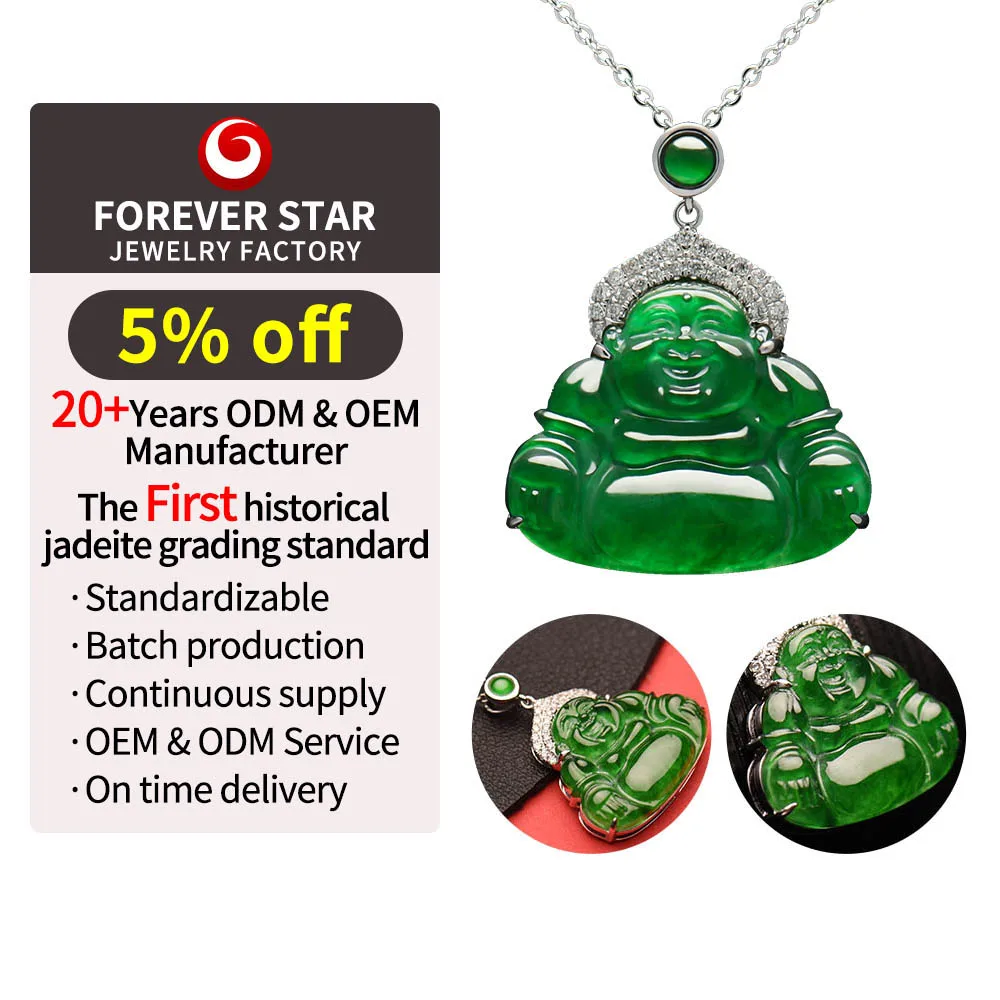 Graceful High Quality  Natural Jadeite Jade 18K White Gold Imperial Green Color Icy Jadeite Buddha Pendant Charms