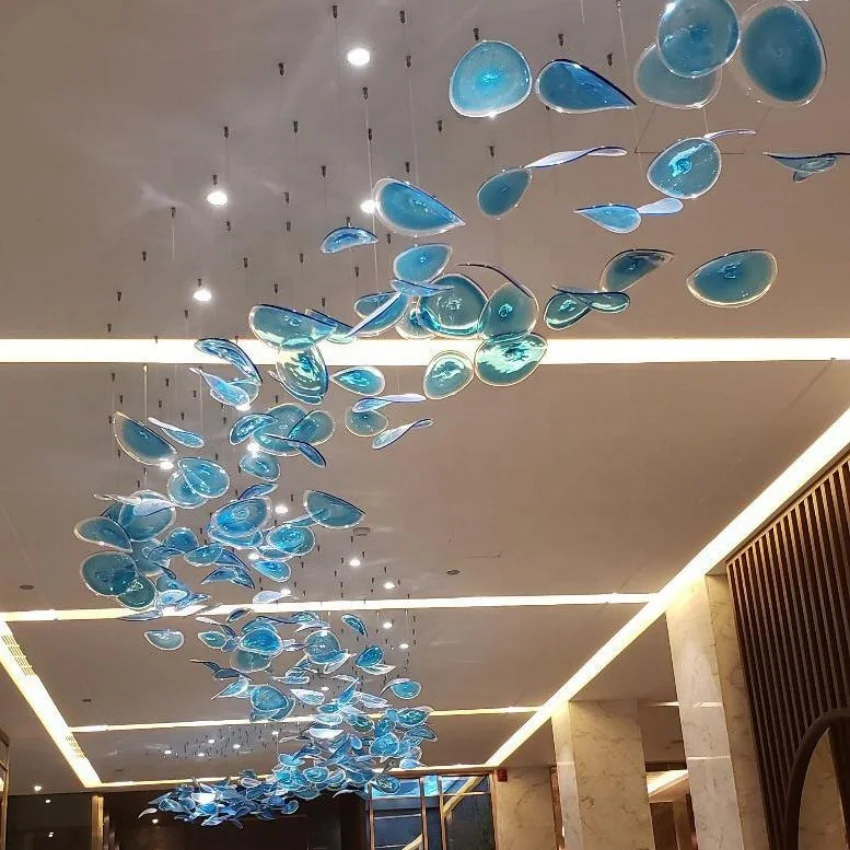 Restaurant hotel ceiling decor Round blue colored glass art pendant ceiling decorative suspension art lamp lighting chandelier