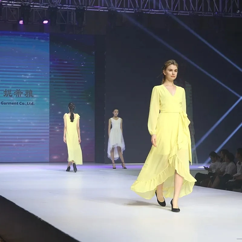 Women Yellow Long Sleeve V Neck Wrap Dress