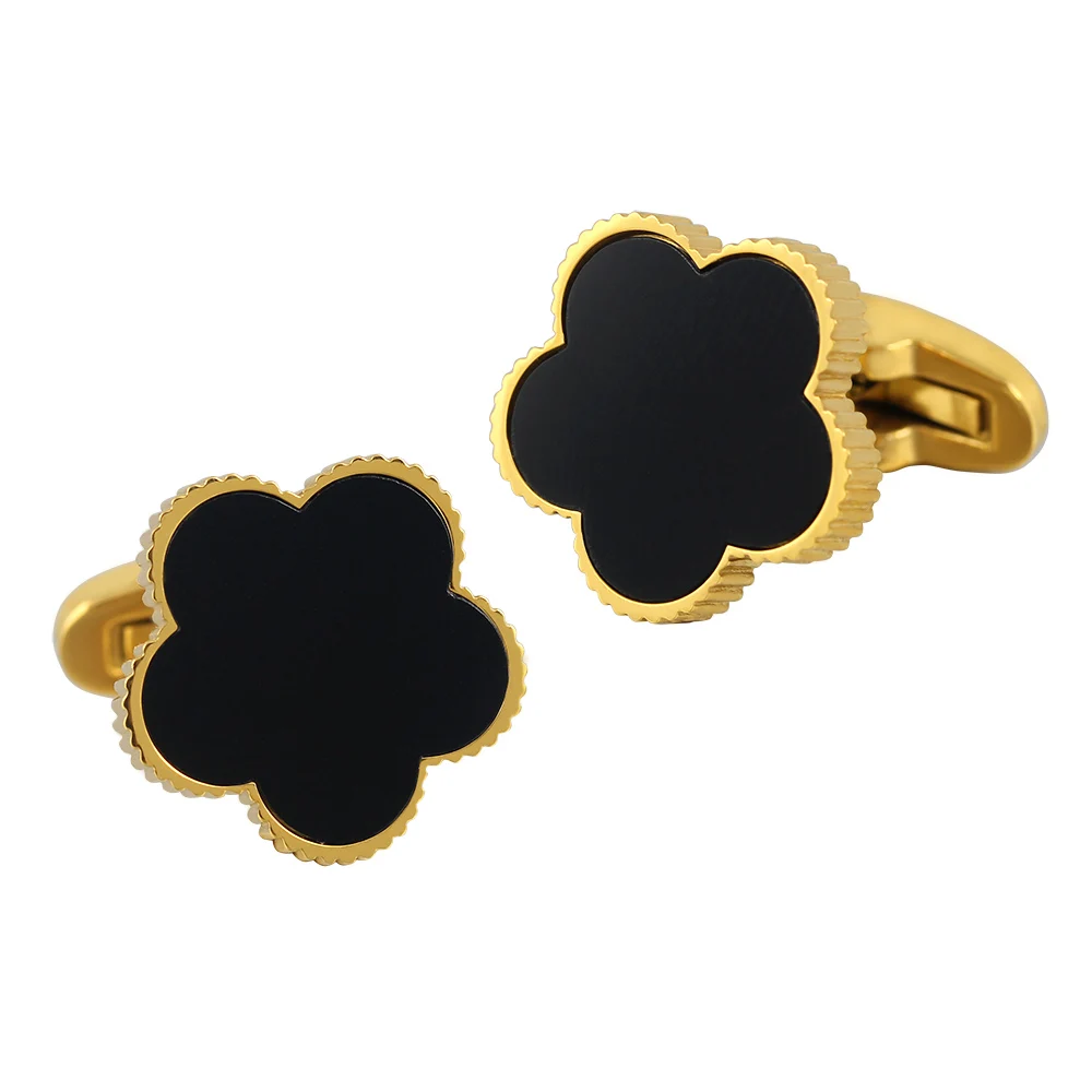 Love Wedding Black Shell Five Leaf Clover Flower Serrated Gold Stainless Steel Cufflinks Men For Tuxedo Business Formal Shirts
