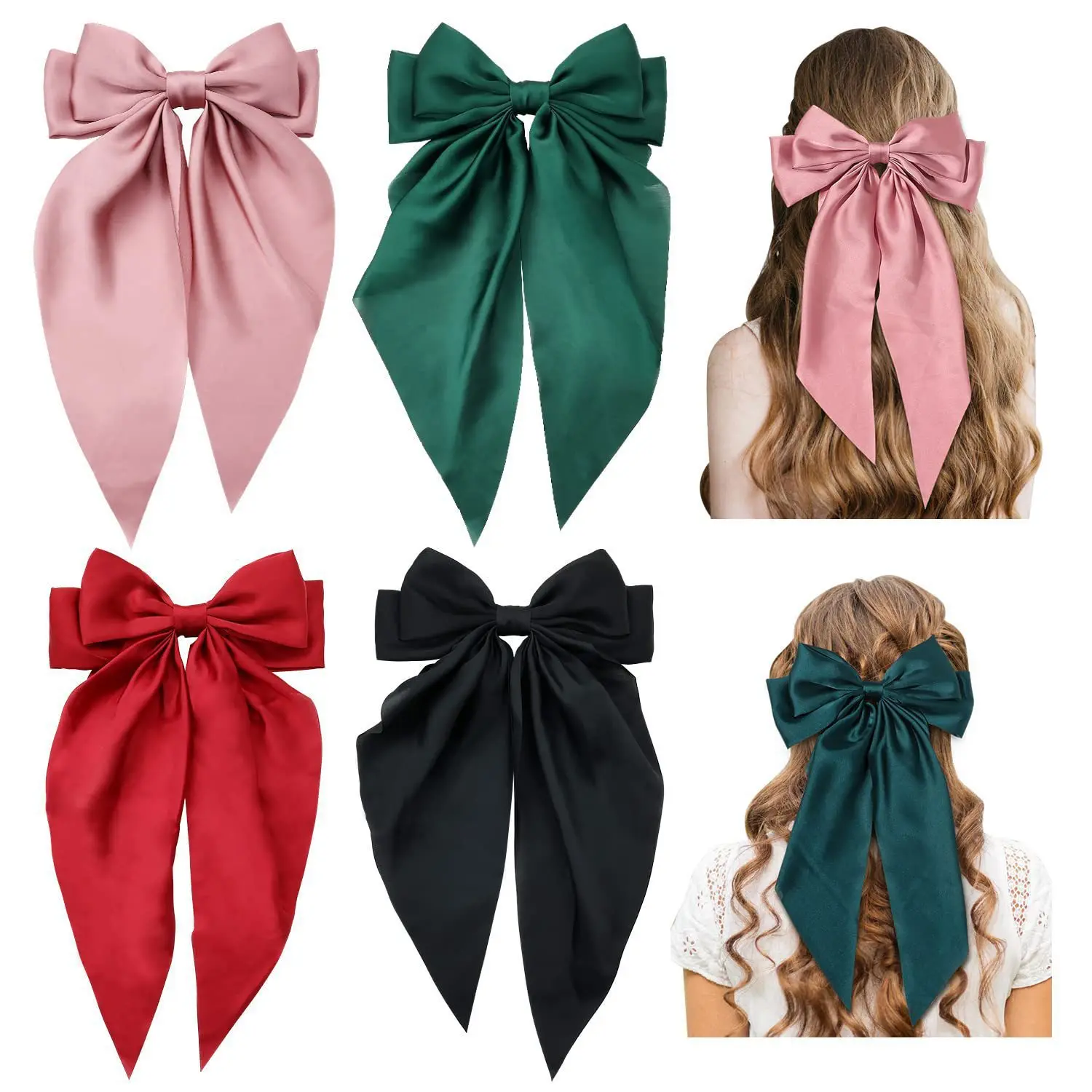 Top Custom logo Luxury Silk Satin Bow Duck Hairpins Accessories Girls Women Elegant Black Bowknot Hairgrips Long Bow Hair Clips