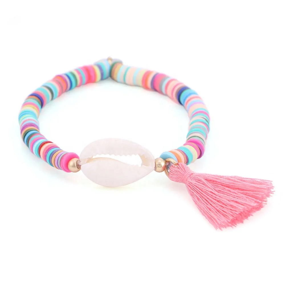 
White Case Elastic Bracelet Bohemian Coloured Polymer Clay Bead Bracelet Female Party Pearl Shell Beach 