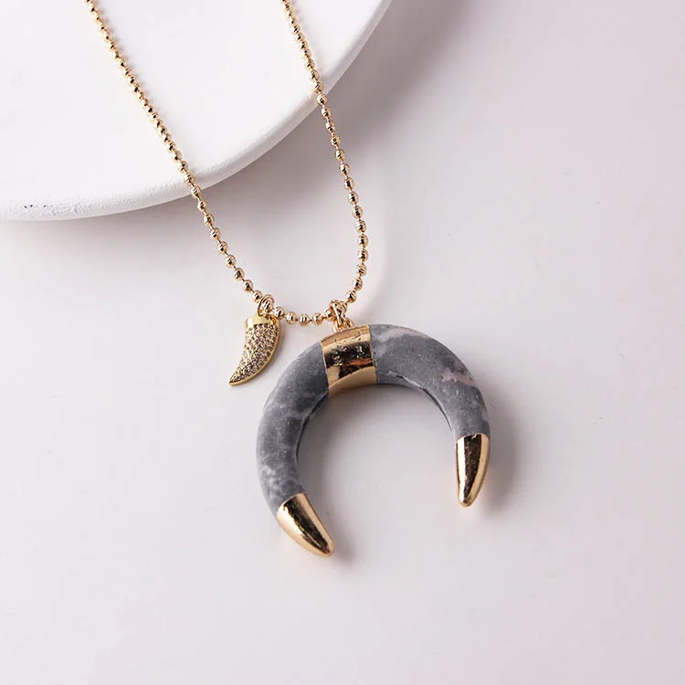 Hot Selling Gold Plated Necklaces Natural Stone Zircon Brass New Trendy Crescent Moon Necklace