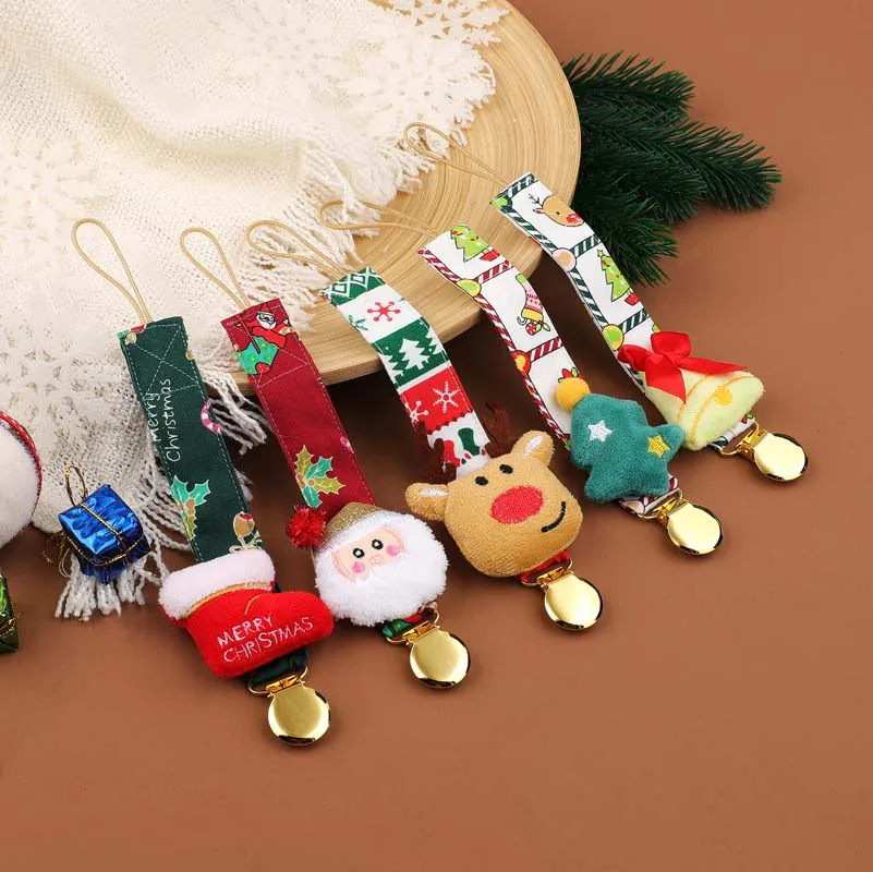 Cotton Fabric beech wood clip with Christmas stocking baby Pacifier clips chain Newborn pacifier clips holder