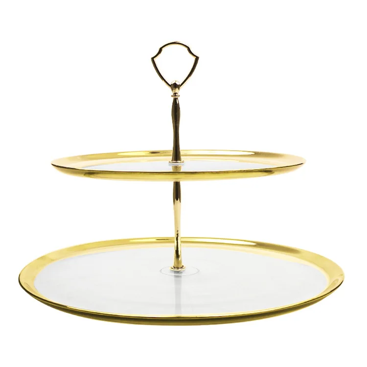 Eco-friendly Food Grade Two Layer Glass Cake Plate Dessert Tray Stent With Gold Rim Metal Holder