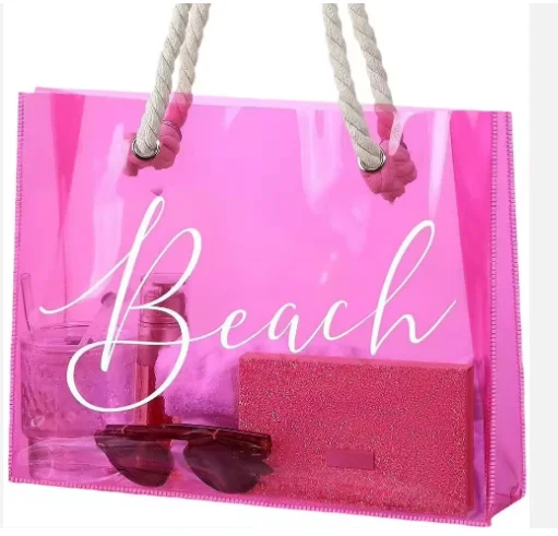 High quality Customized Fashion Pink Bags With Thick Cotton Handle Transparent Pvc Waterproof Tote Shopping Bag clear beach bag