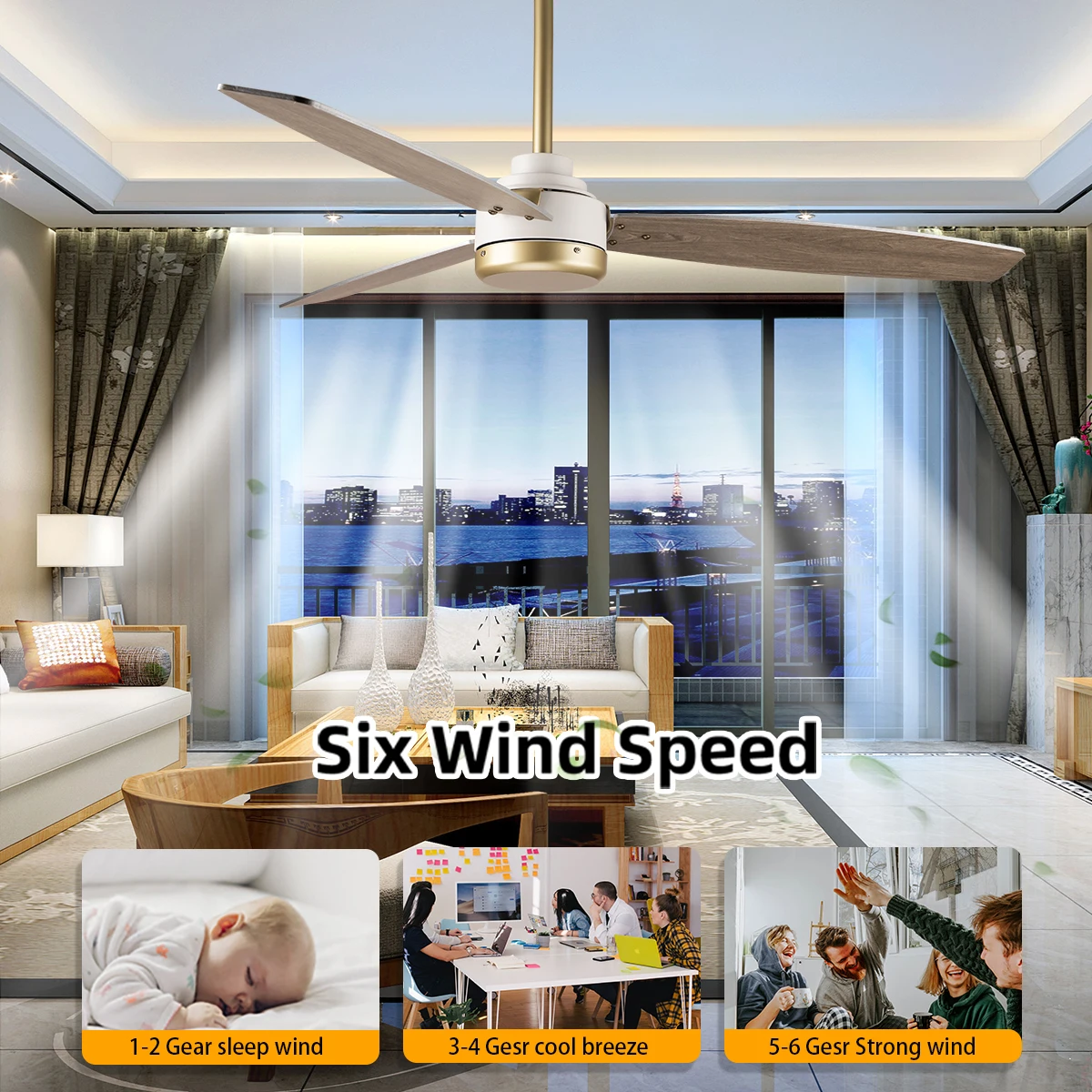 Modern AC100-240V Ceiling Fans Timber Designer Golden Ceiling Fan DC Motor Remote Control