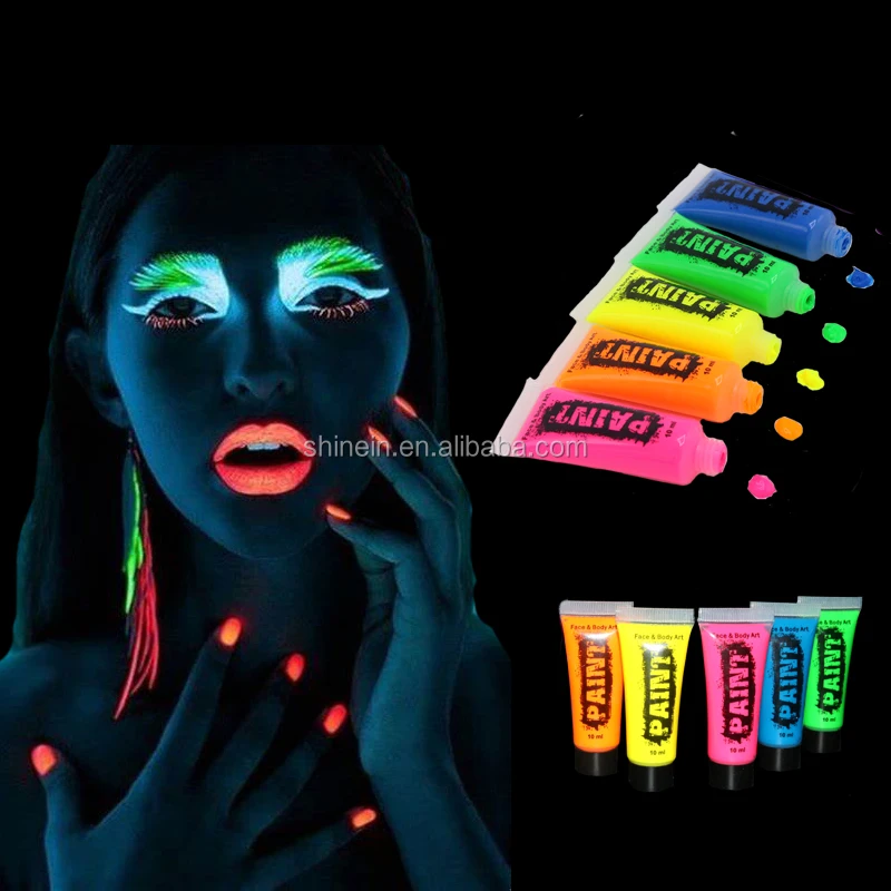 Shinein Makeup Water Based Blacklight Glow Body Painting Tube Supplies Fluorescent Uv Neon Face Painting set for Festival Party