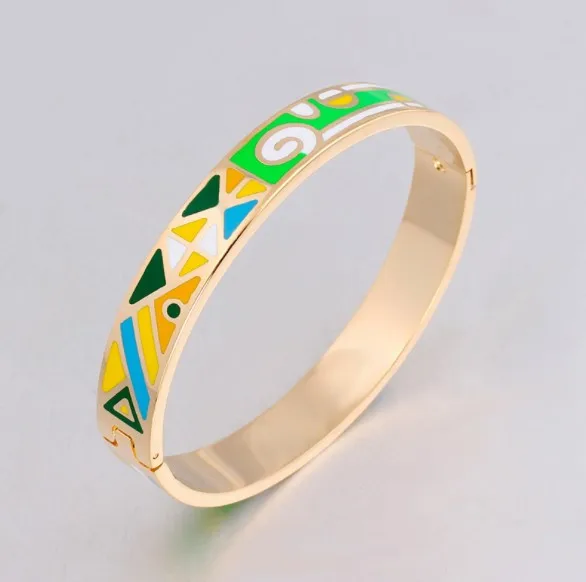 Women Girls spring hinge turquoise blue enamel paint gold plated imitation bracelets bangles