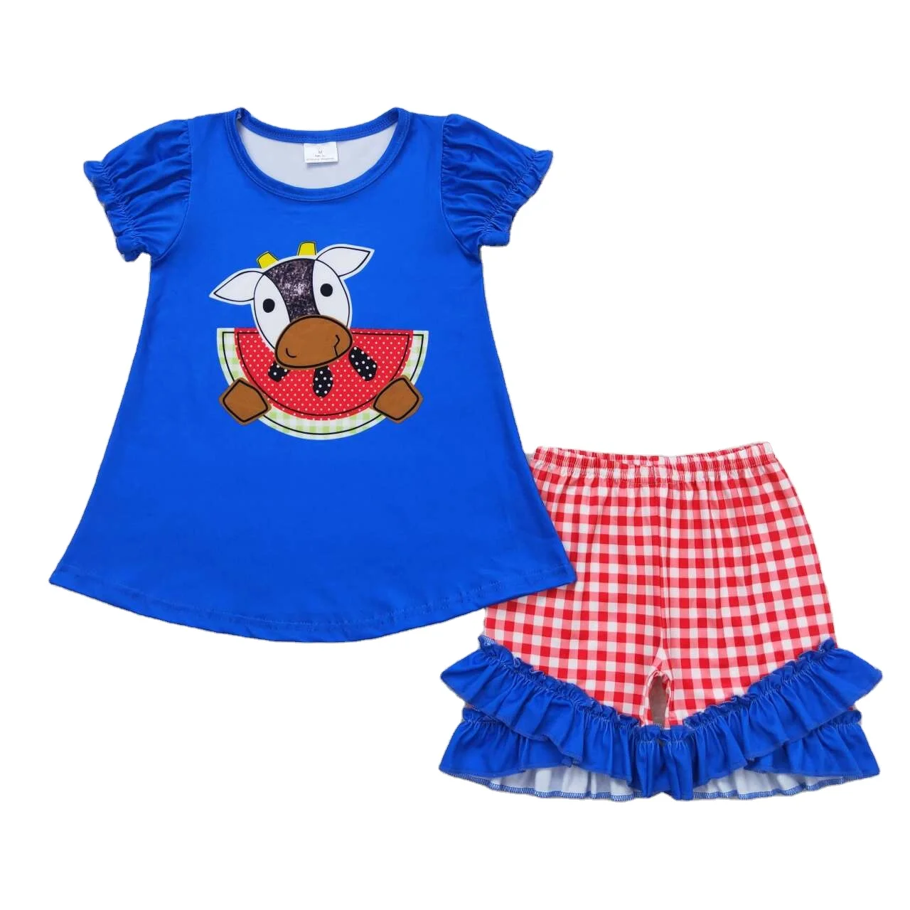 RTS wholesale kids clothing toddler blue red cow and watermelon girl shorts set outfits girls summer outfit children clothes set