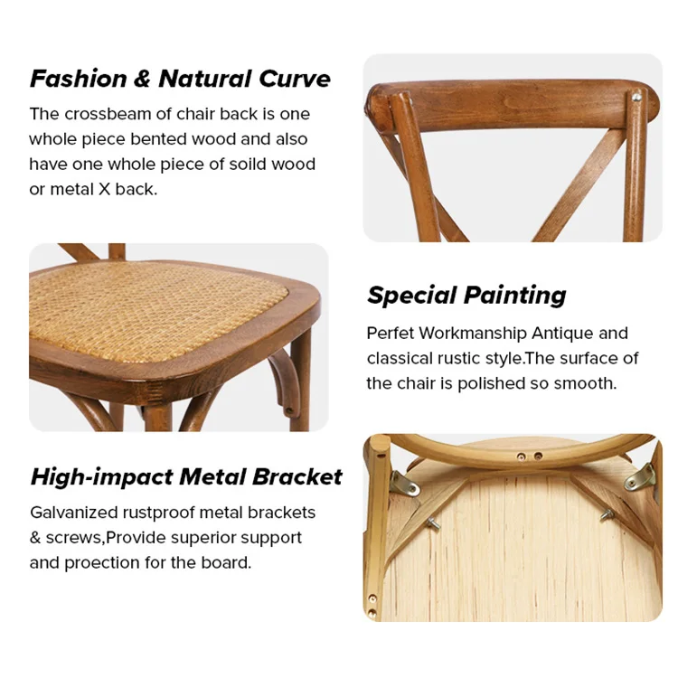 Wholesale Stackable Provincial French Antique Classic Vintage Oak Wood X Cross Back Chair Commercial Indoors Outdoor Banquet