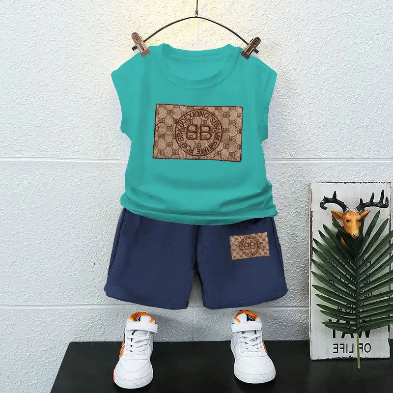 New Summer Baby Suits 2pcs Print Outwear Casual Teenagers Boys Clothing Sets