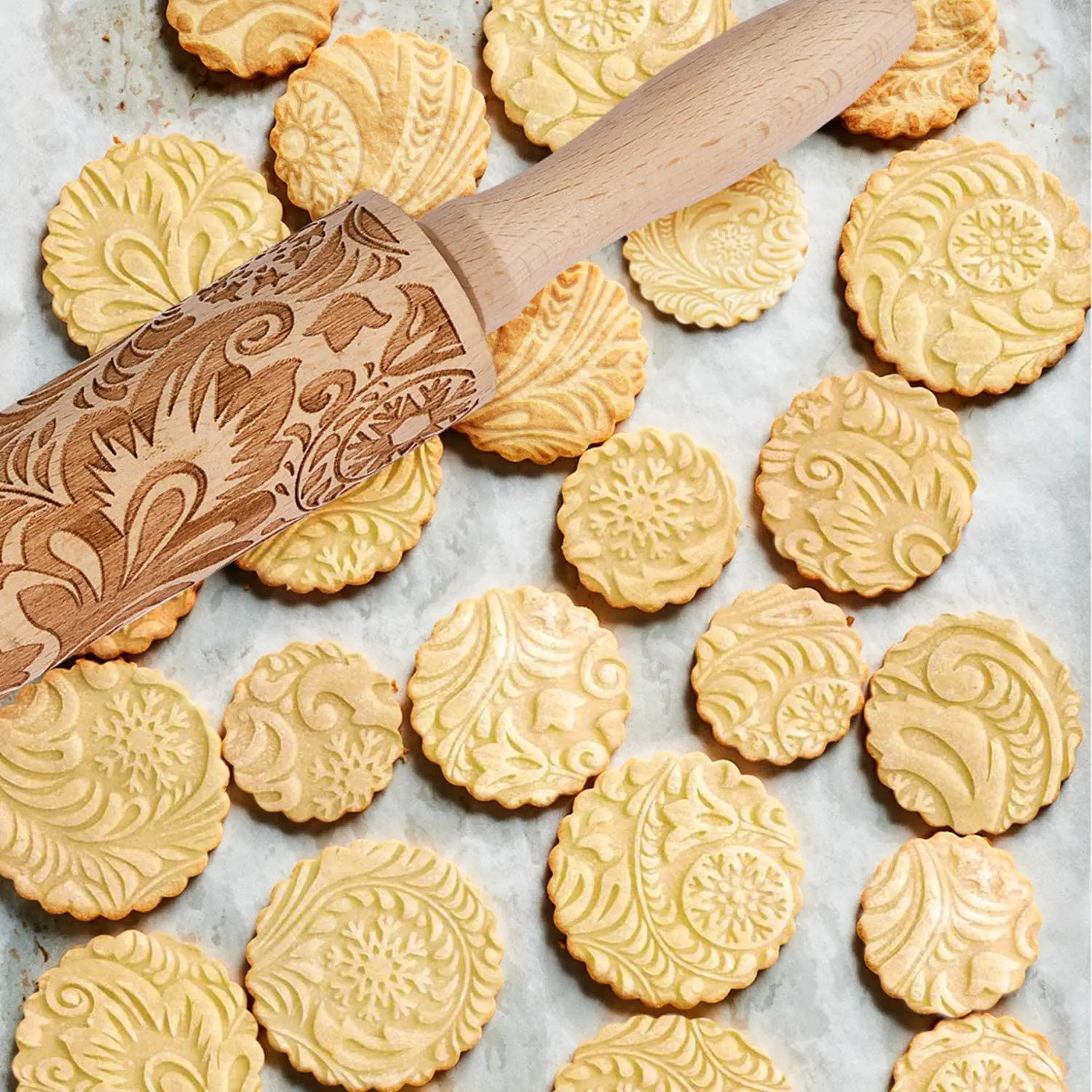 Wooden pastry embossing roller rolling pin with handle classic texture baking tool