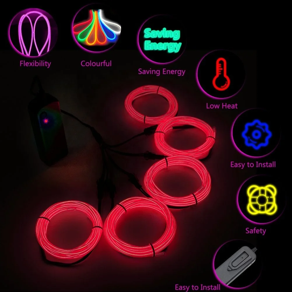 EL Wire Red Neon Lights Kit with 4 Modes Portable Battery Operated for DIY Party Decoration, 5 by 1-Meter