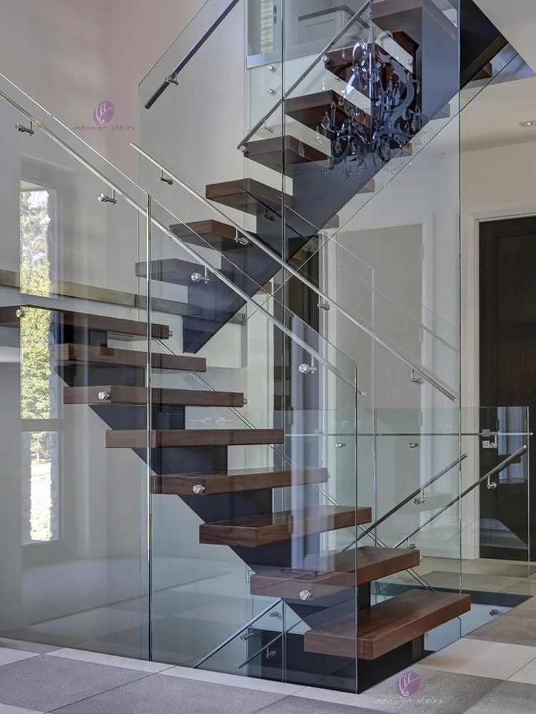 Contemporary Mono Stringer Staircase with Glass Railing for Loft Penthouse