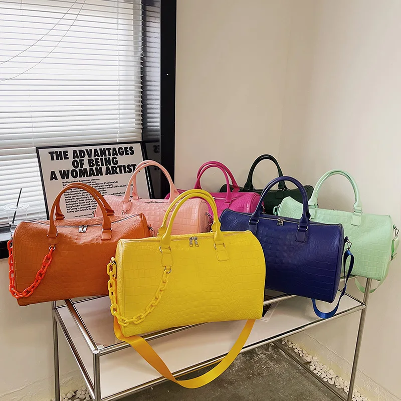 Fashion Hot Pink Travel Bags Large Capacity Vegan Leather Weekend Bag Gym Sport Tote Duffel Bags