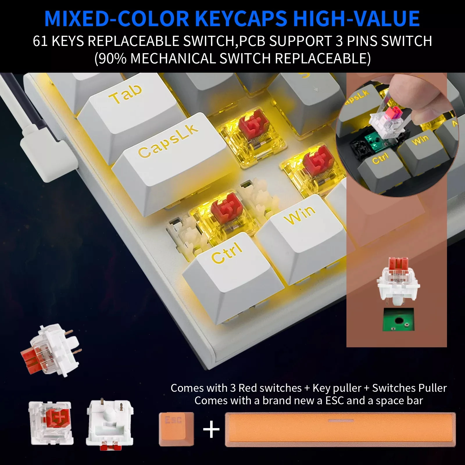 Custom RGB USB Mini Mechanical Gaming Keyboard Red Switch 61 Keys Wired detachable cable Mechanical Keyboard
