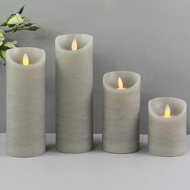 Set of 4 Grey Real Wax Distressed Finish Moving Wick LED Candles with Timer Religious