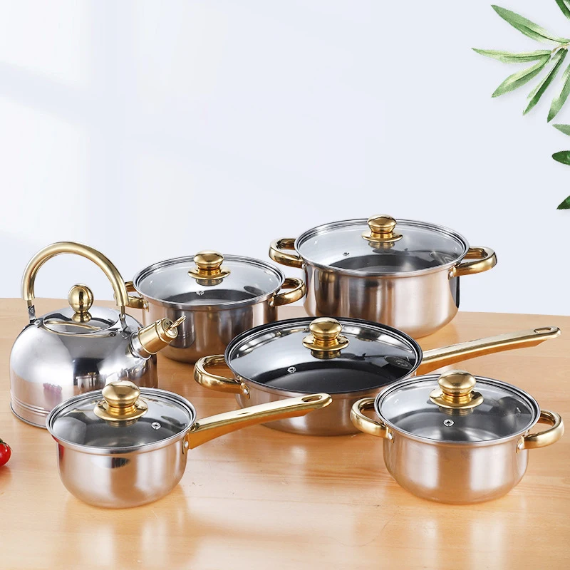 Factory-Sales 12 Pcs Set Thickened Cookware Non-stick Stainless Steel Pots And Pans With Kettle