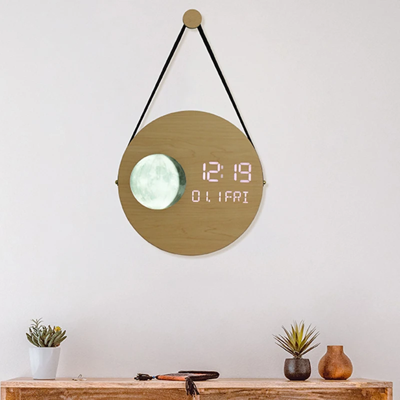 EMAF 12 inch large luxury LED simulation Moon Phases wooden LED digital wall clock minimalist decorative modern wall clock