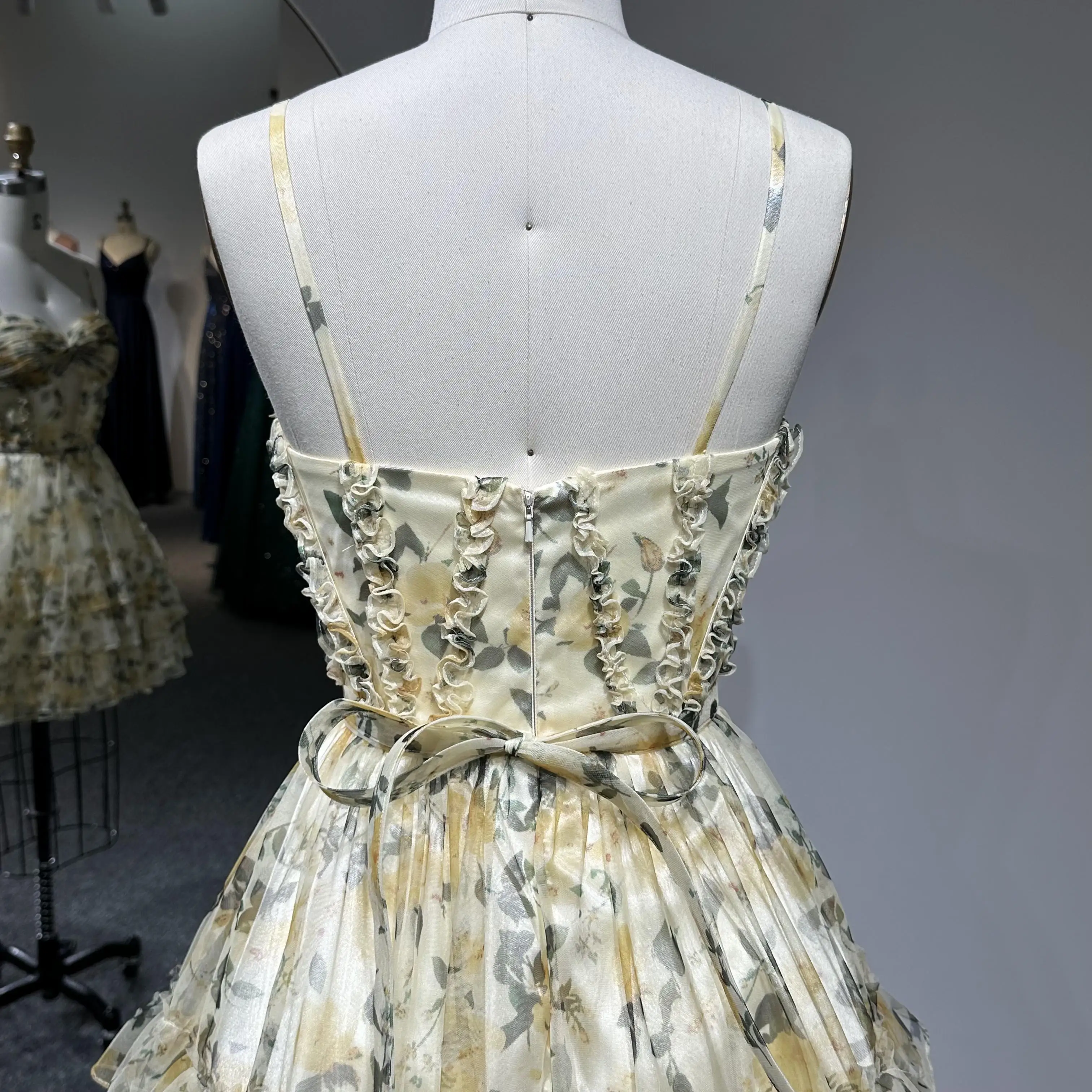 Breathtaking Beauty Mini Pleats Yellow Sheer Organza Short Cocktail Party Dress