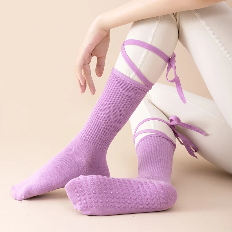 Female Pilates Non-Slip Candy Solid color Crew Workout Gym Barre Ballet Dance Anti-Slip Crossed straps tie bows Yoga Socks