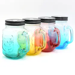 High Quality 16OZ Colored Glass Mason Jar With Handle and Lid for Drinking