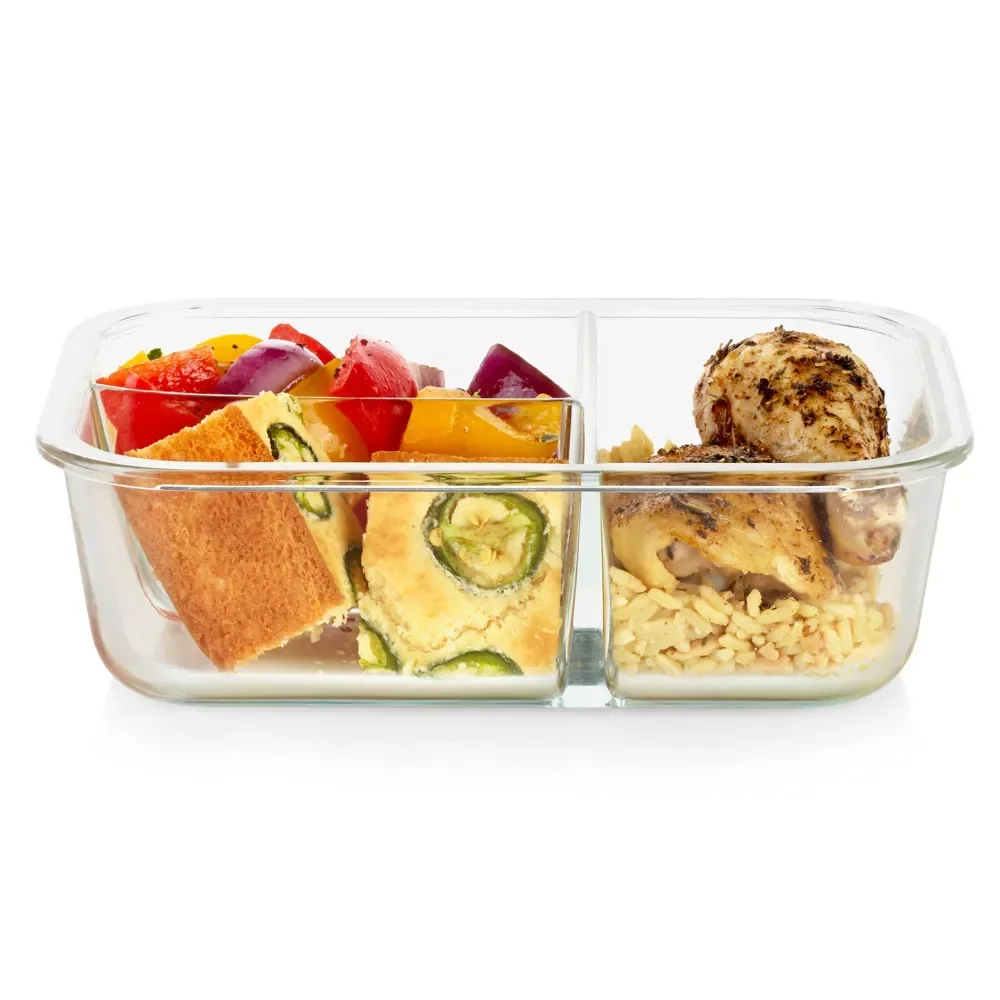 3 Compartment Rectangular Meal Box Glass Food Storage Containers